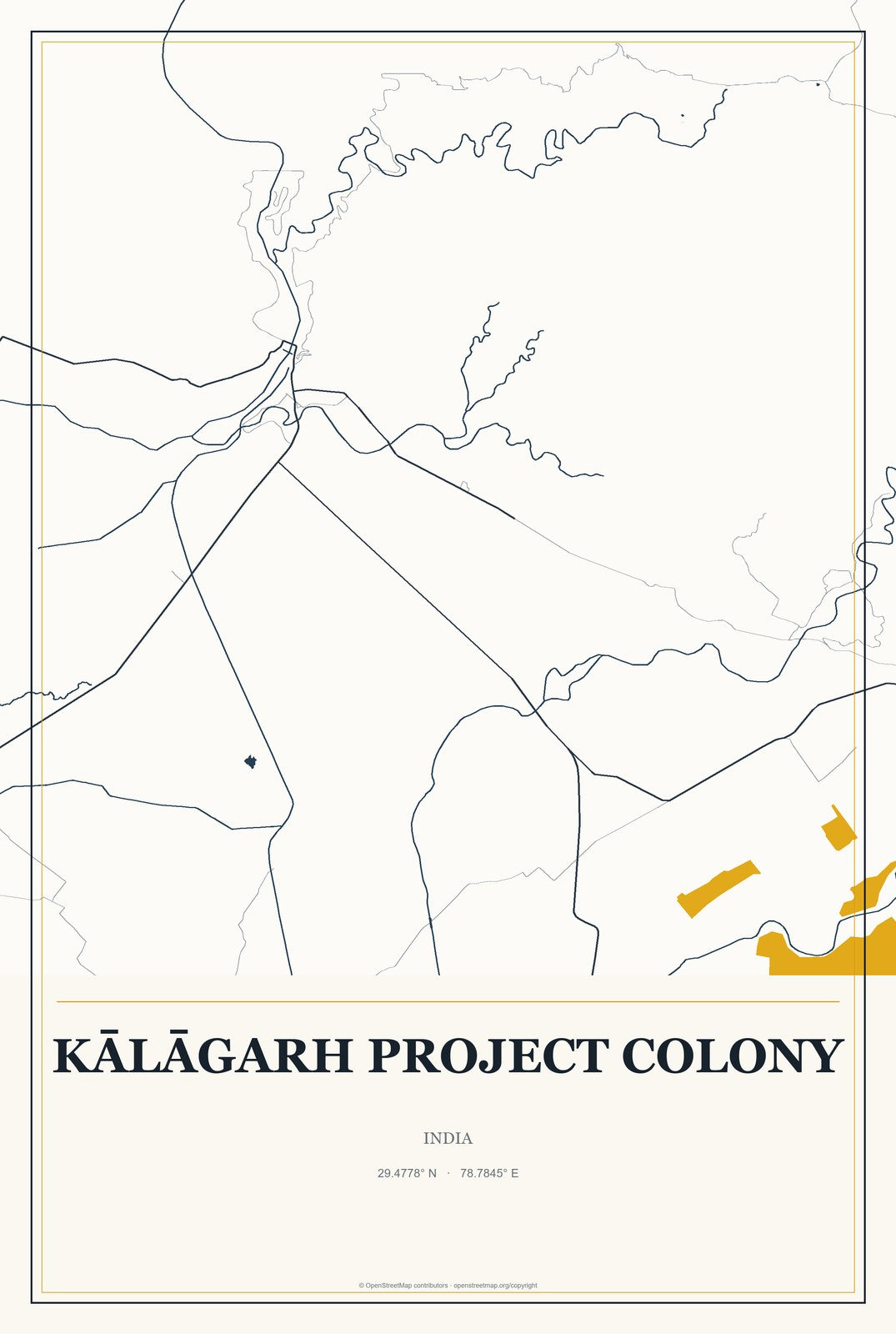 Kālāgarh Project Colony, India City Map Aluminum Sign in Citrine Modern style