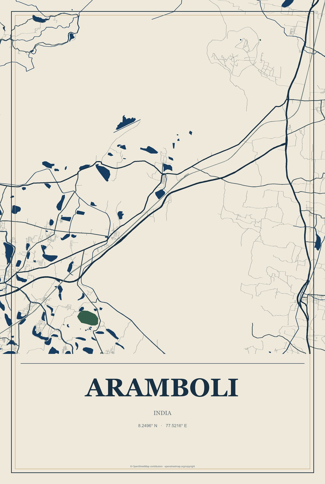 Aramboli, India City Map Aluminum Sign in Coastal Cutout style
