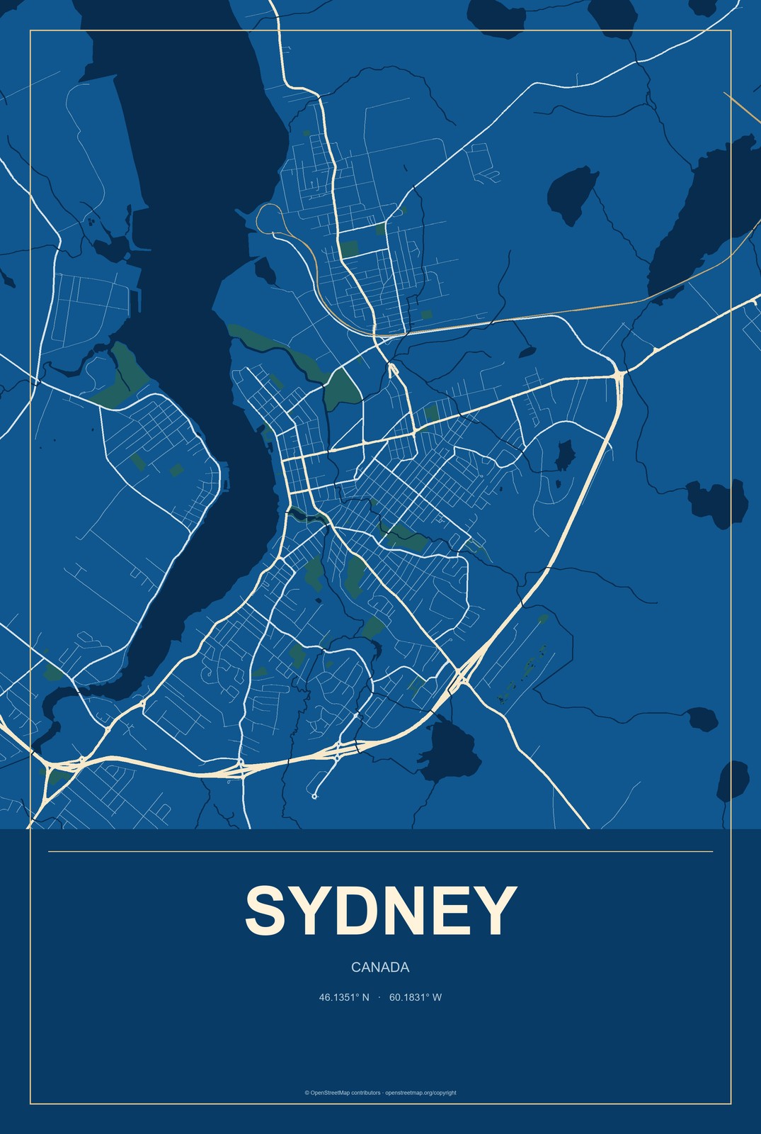 Sydney, Canada City Map Aluminum Sign in Harbor Cobalt style