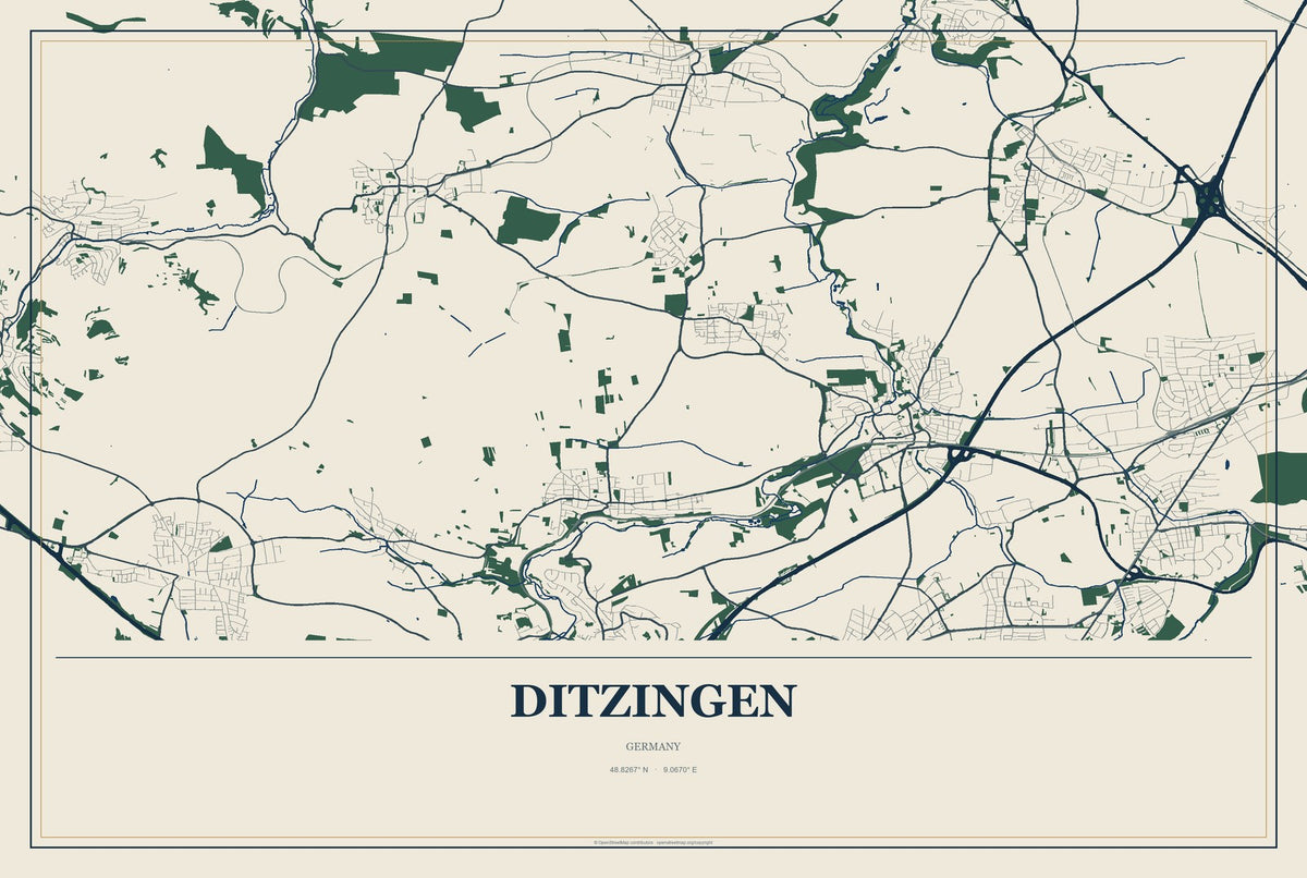 Ditzingen, Germany City Map Aluminum Sign in Coastal Cutout style