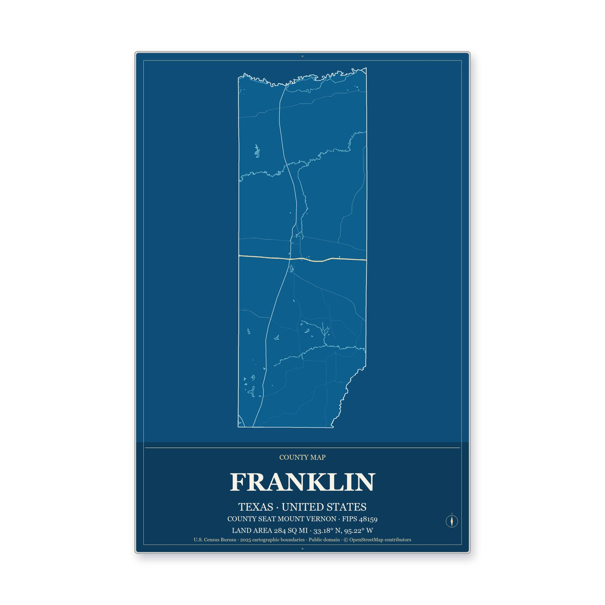 Franklin County, Texas Map Aluminum Sign in Harbor Cobalt style