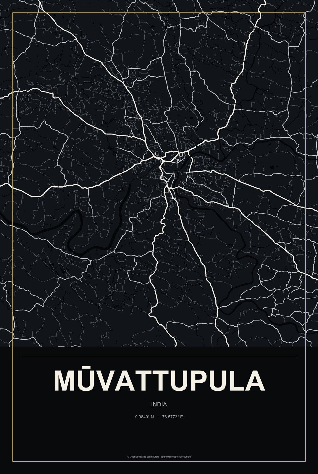 Mūvattupula, India City Map Aluminum Sign in Metropolitan Noir style