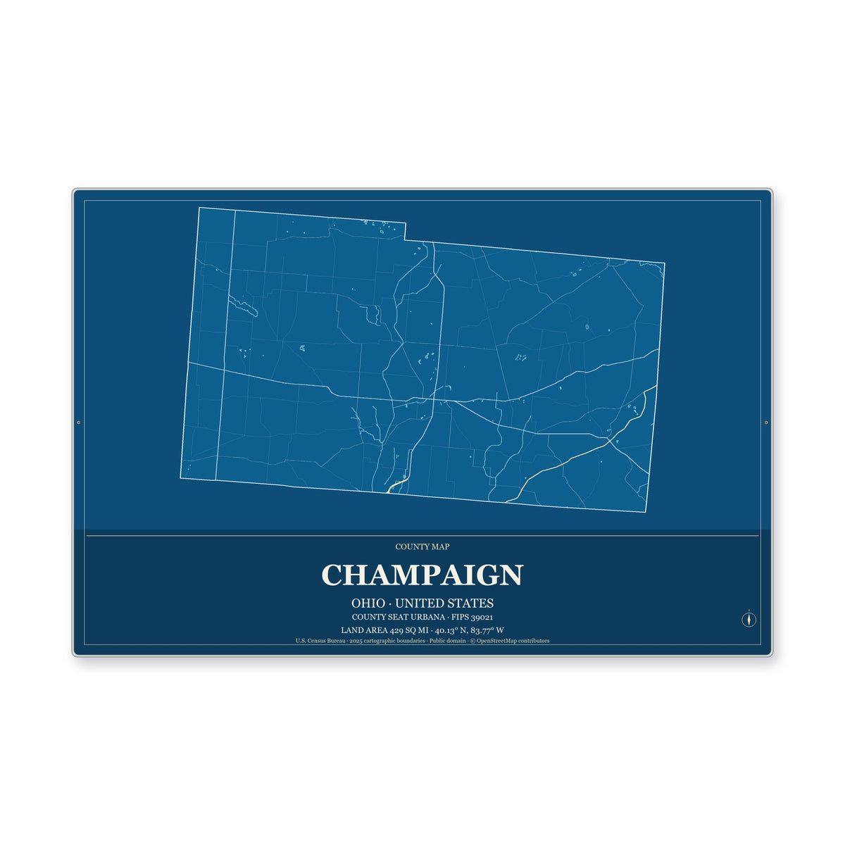 Champaign County, Ohio Map Aluminum Sign in Harbor Cobalt style