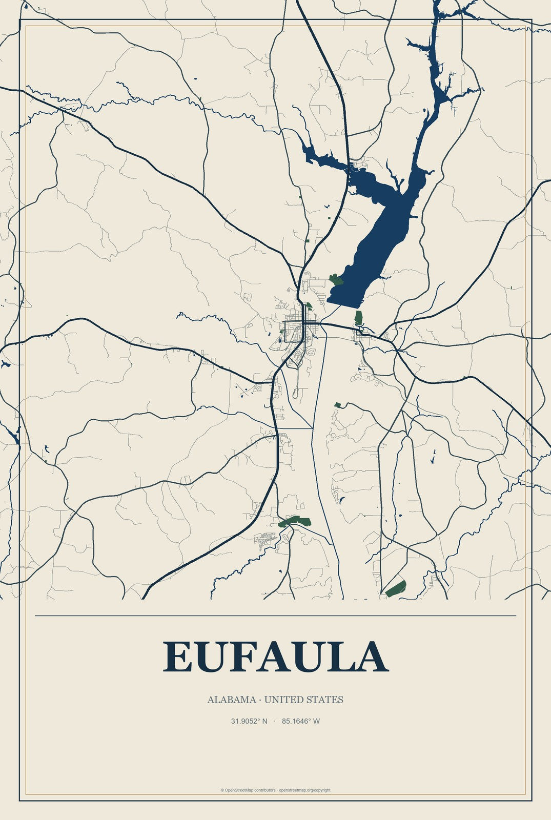 Eufaula, Alabama City Map Aluminum Sign in Coastal Cutout style