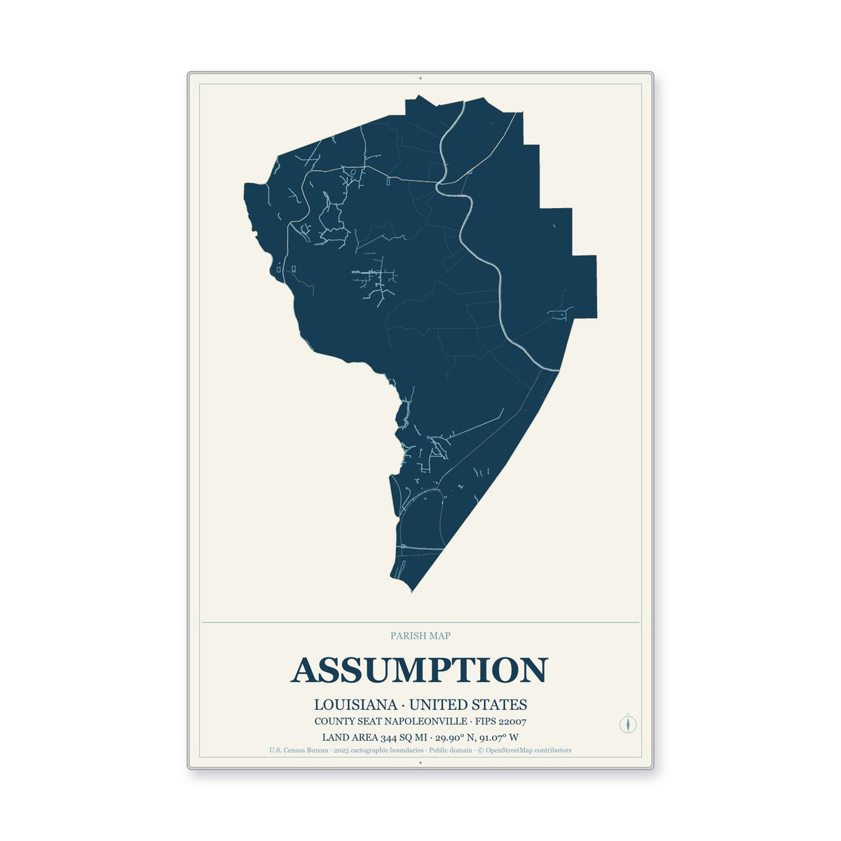 Assumption Parish, Louisiana Map Aluminum Sign in Coastal Cutout style