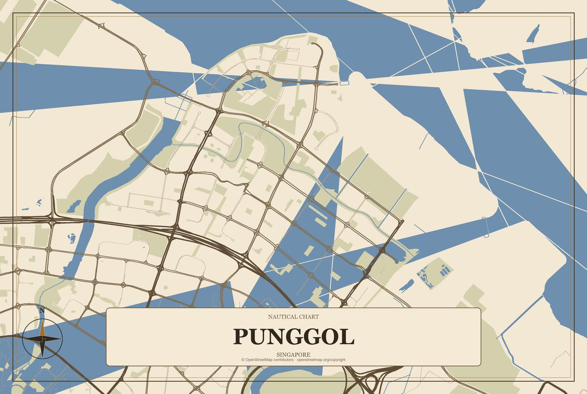 Punggol, Singapore City Map Aluminum Sign in Heritage Nautical style