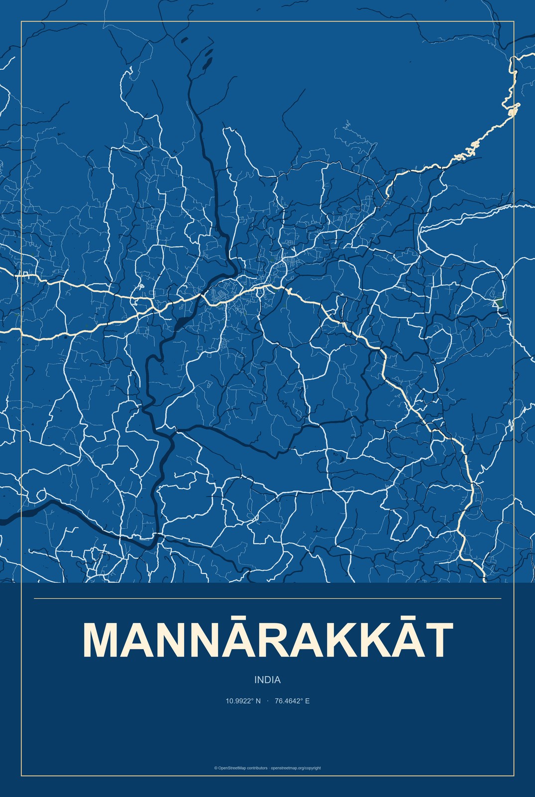 Mannārakkāt, India City Map Aluminum Sign in Harbor Cobalt style