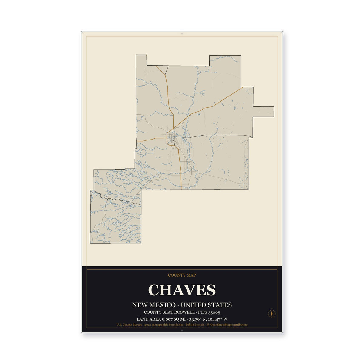 Chaves County, New Mexico Map Aluminum Sign in Museum Plaque style