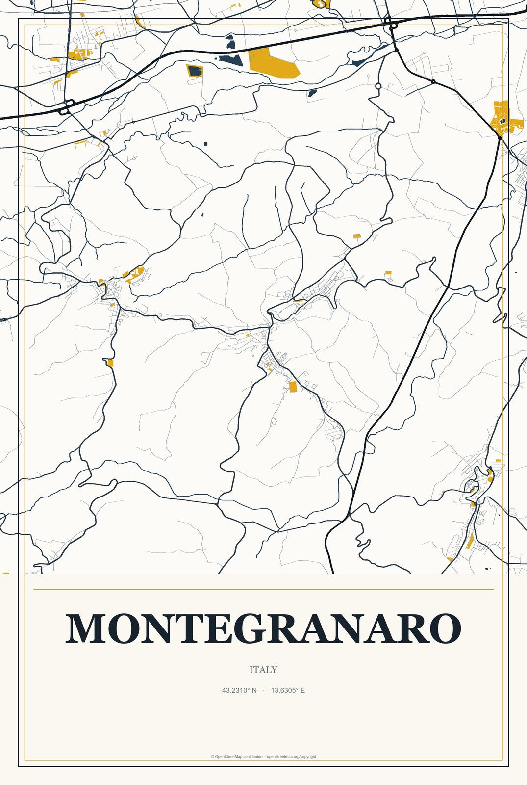 Montegranaro, Italy City Map Aluminum Sign in Citrine Modern style