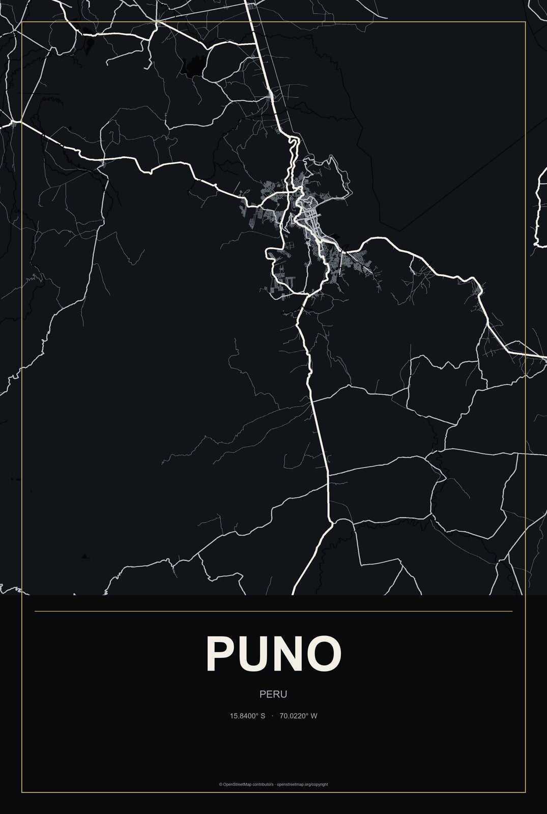 Puno, Peru City Map Aluminum Sign in Metropolitan Noir style