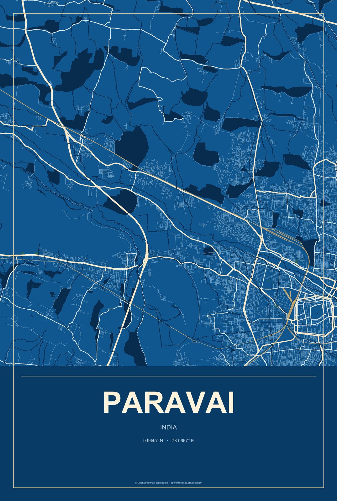 Paravai, India City Map Aluminum Sign in Harbor Cobalt style