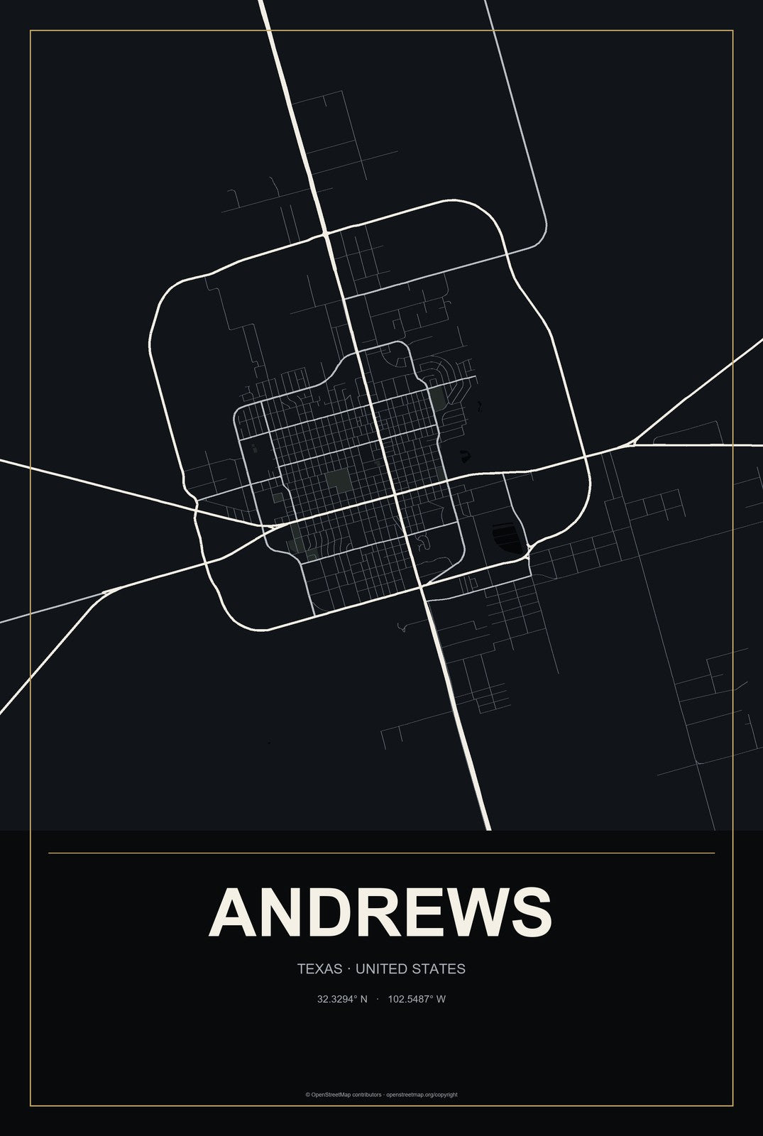 Andrews, Texas City Map Aluminum Sign in Metropolitan Noir style