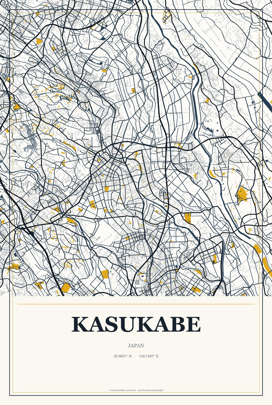 Kasukabe, Japan City Map Aluminum Sign in Citrine Modern style