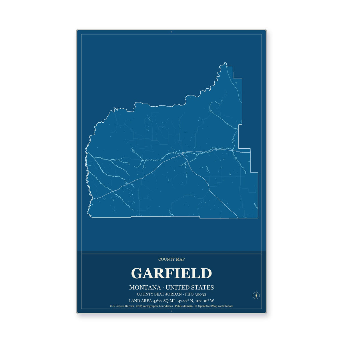 Garfield County, Montana Map Aluminum Sign in Harbor Cobalt style