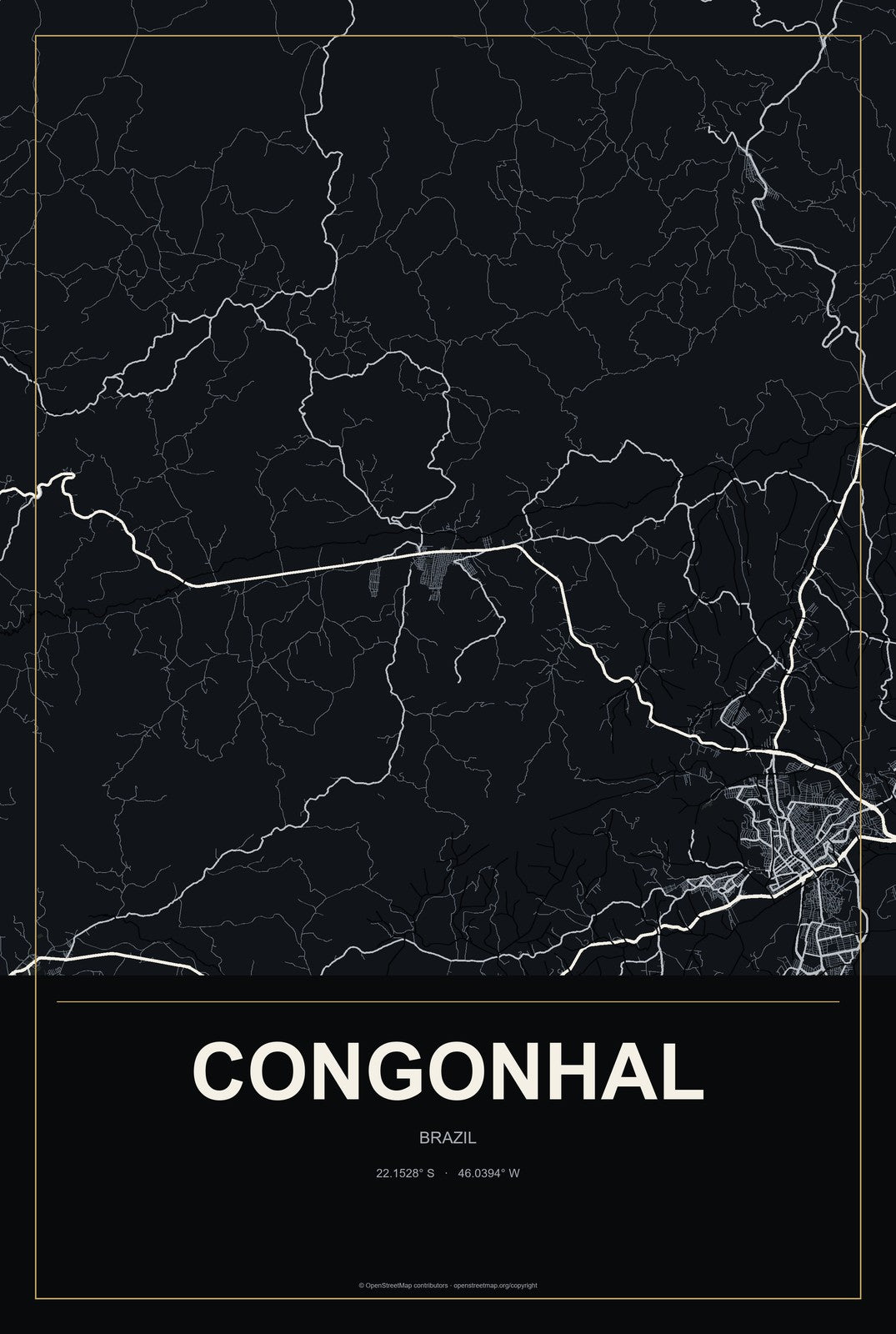 Congonhal, Brazil City Map Aluminum Sign in Metropolitan Noir style