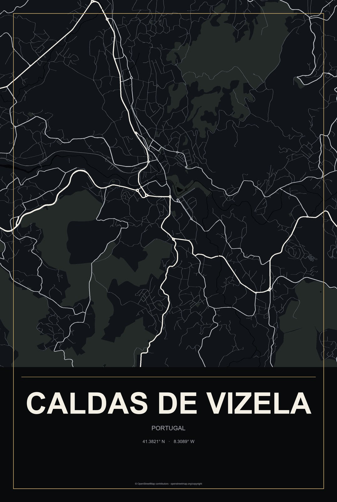 Caldas de Vizela, Portugal City Map Aluminum Sign in Metropolitan Noir style