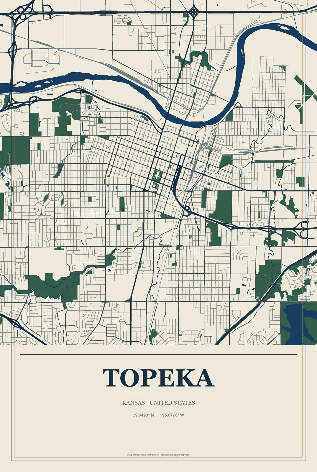 Topeka, Kansas City Map Aluminum Sign in Coastal Cutout style