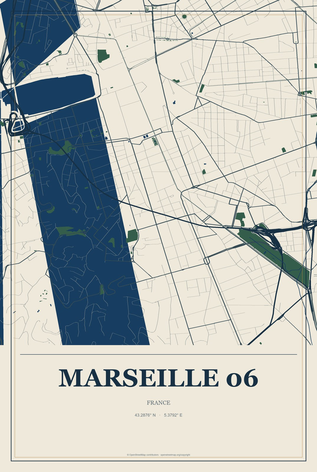 Marseille 06, France City Map Aluminum Sign in Coastal Cutout style