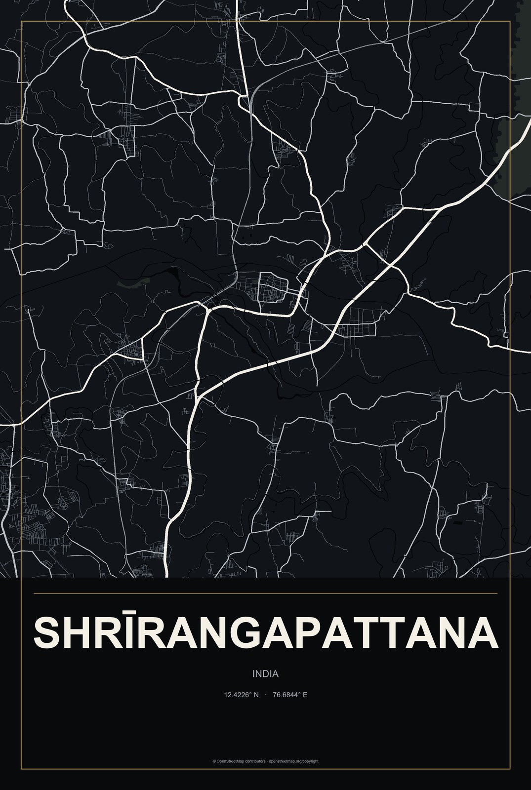 Shrīrangapattana, India City Map Aluminum Sign in Metropolitan Noir style