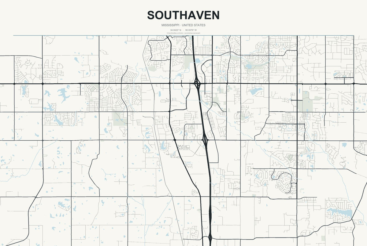 Southaven, Mississippi City Map Aluminum Sign in Headline Atlas style