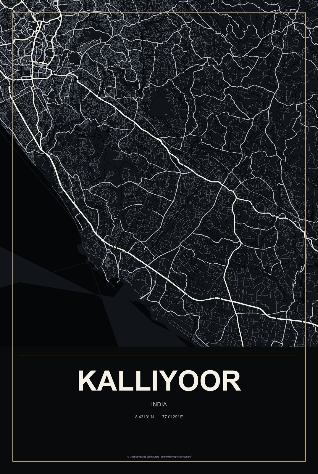 Kalliyoor, India City Map Aluminum Sign in Metropolitan Noir style