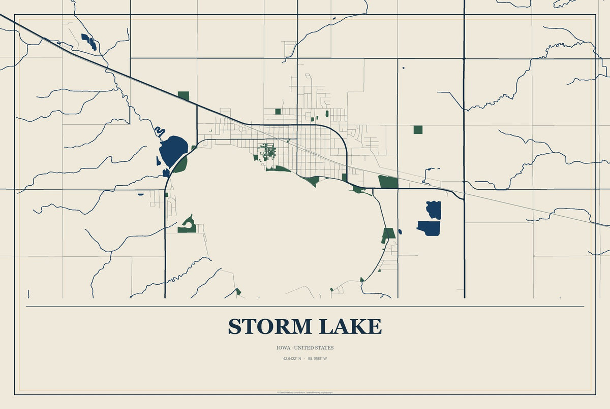 Storm Lake, Iowa City Map Aluminum Sign in Coastal Cutout style