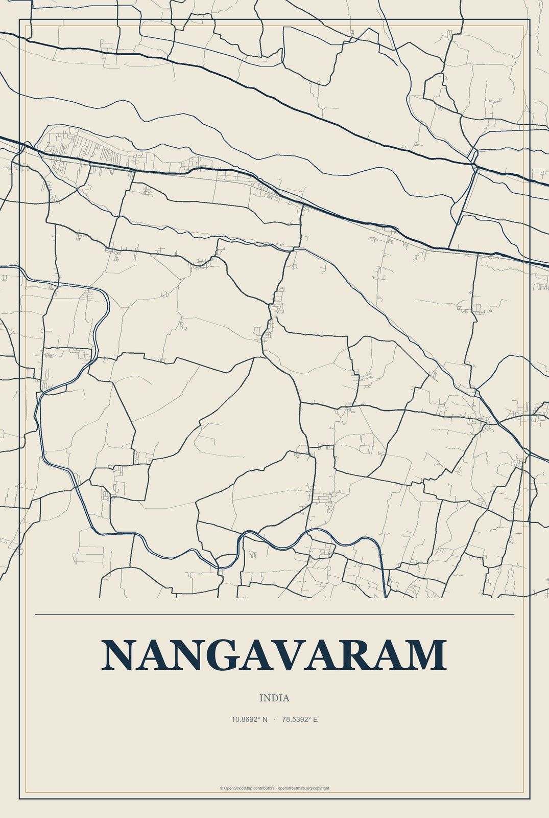 Nangavaram, India City Map Aluminum Sign in Coastal Cutout style