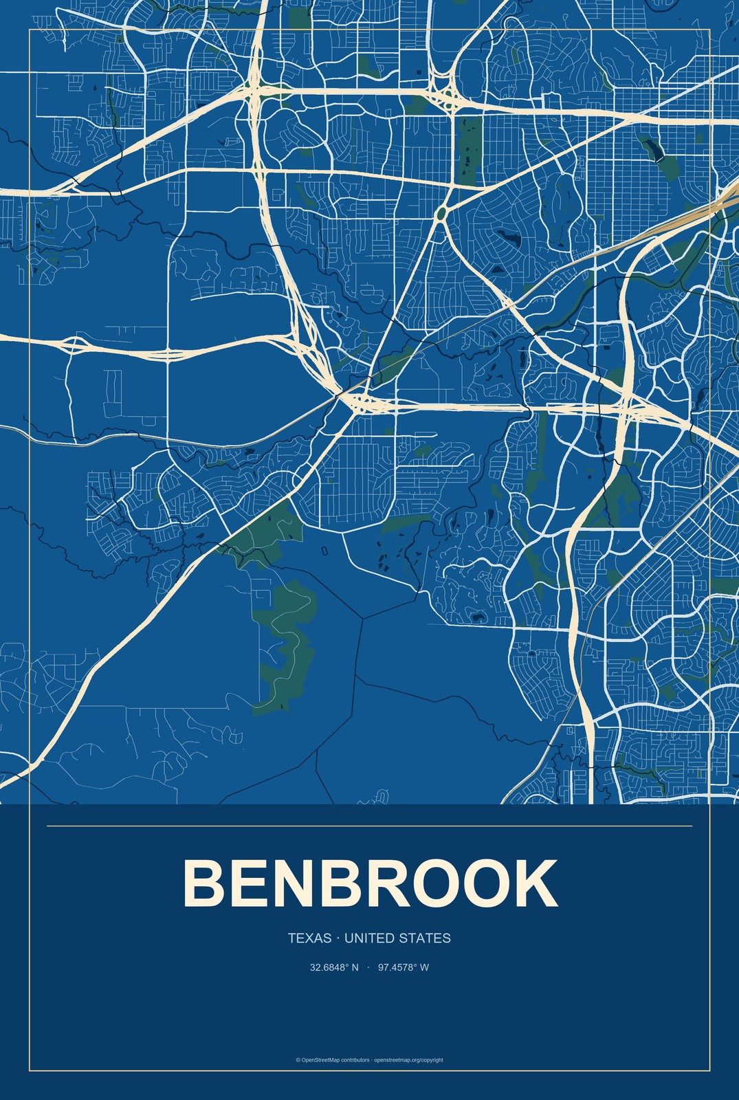 Benbrook, Texas City Map Aluminum Sign in Harbor Cobalt style
