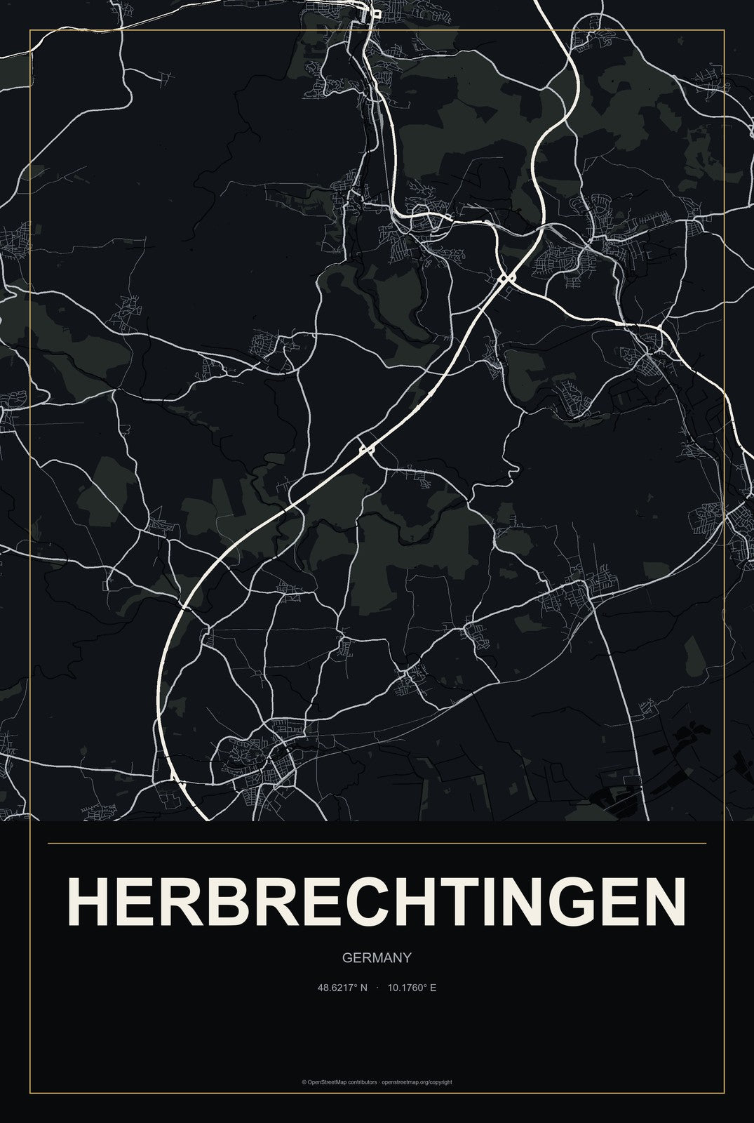 Herbrechtingen, Germany City Map Aluminum Sign in Metropolitan Noir style