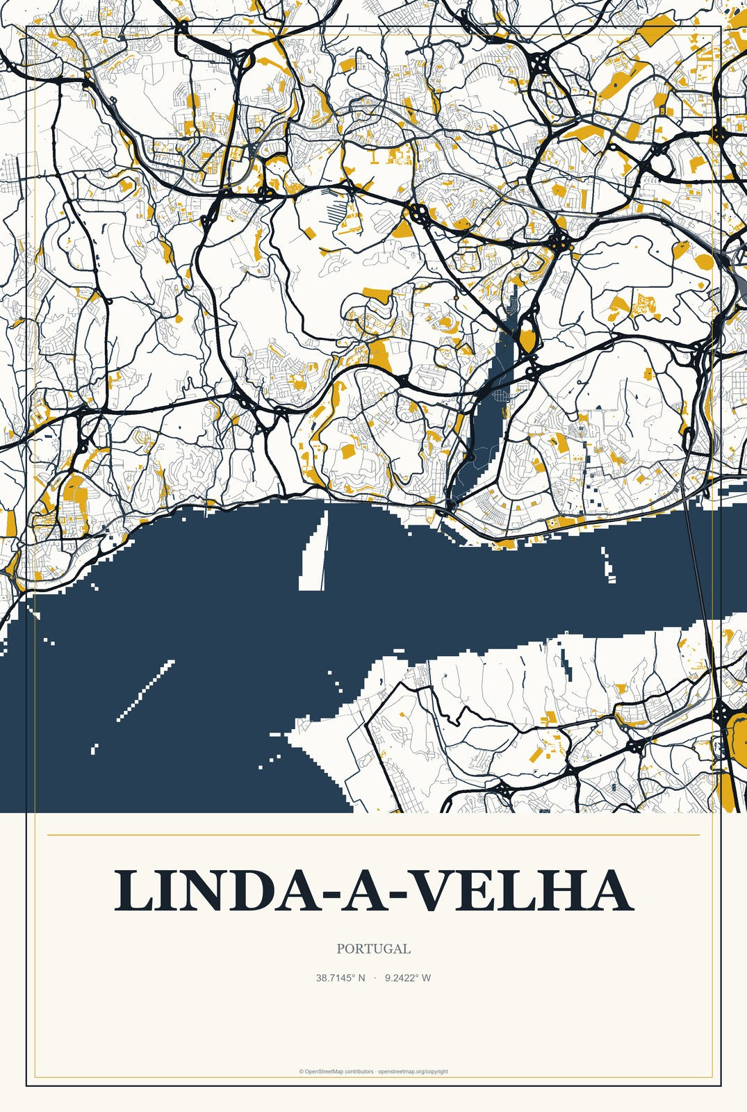 Linda-a-Velha, Portugal City Map Aluminum Sign in Citrine Modern style