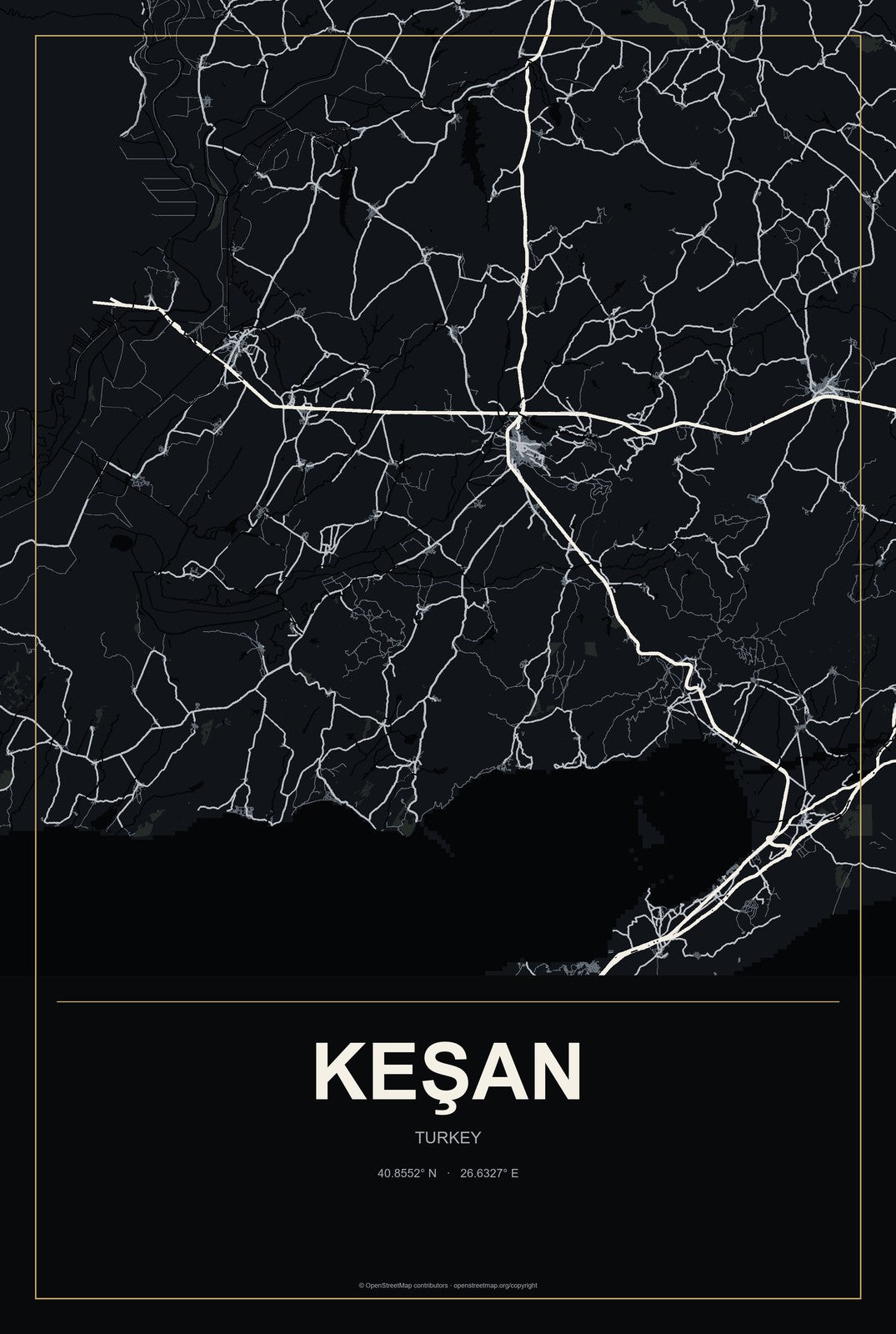 Keşan, Turkey City Map Aluminum Sign in Metropolitan Noir style