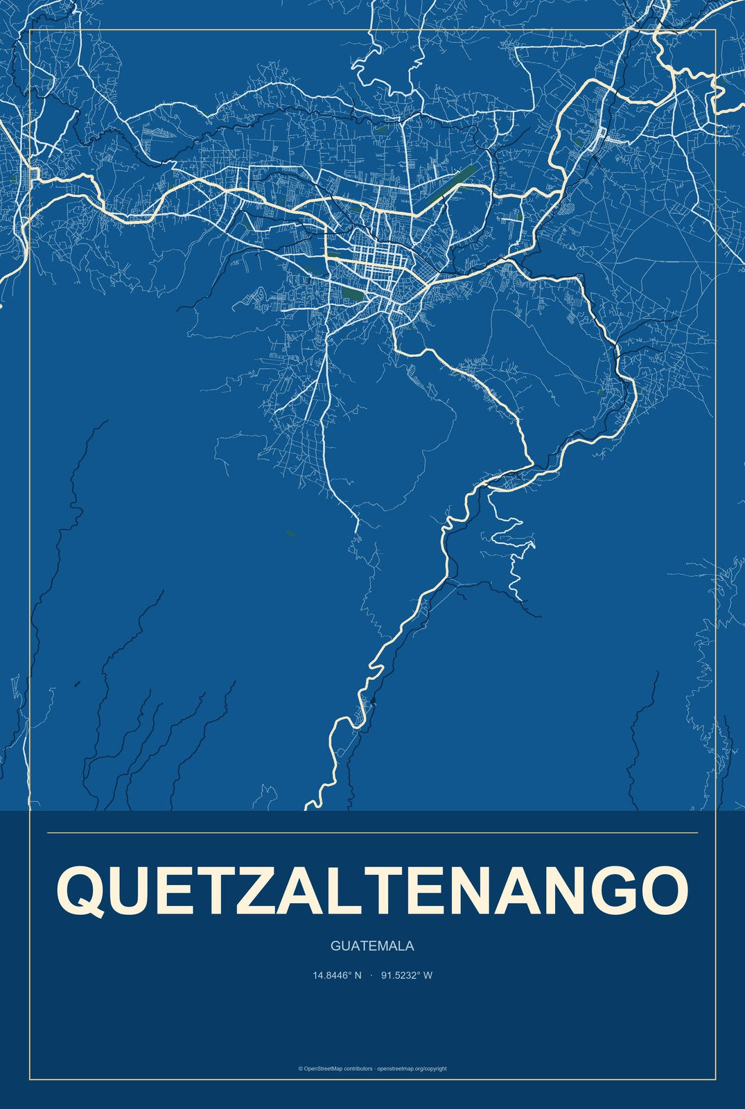Quetzaltenango, Guatemala City Map Aluminum Sign in Harbor Cobalt style