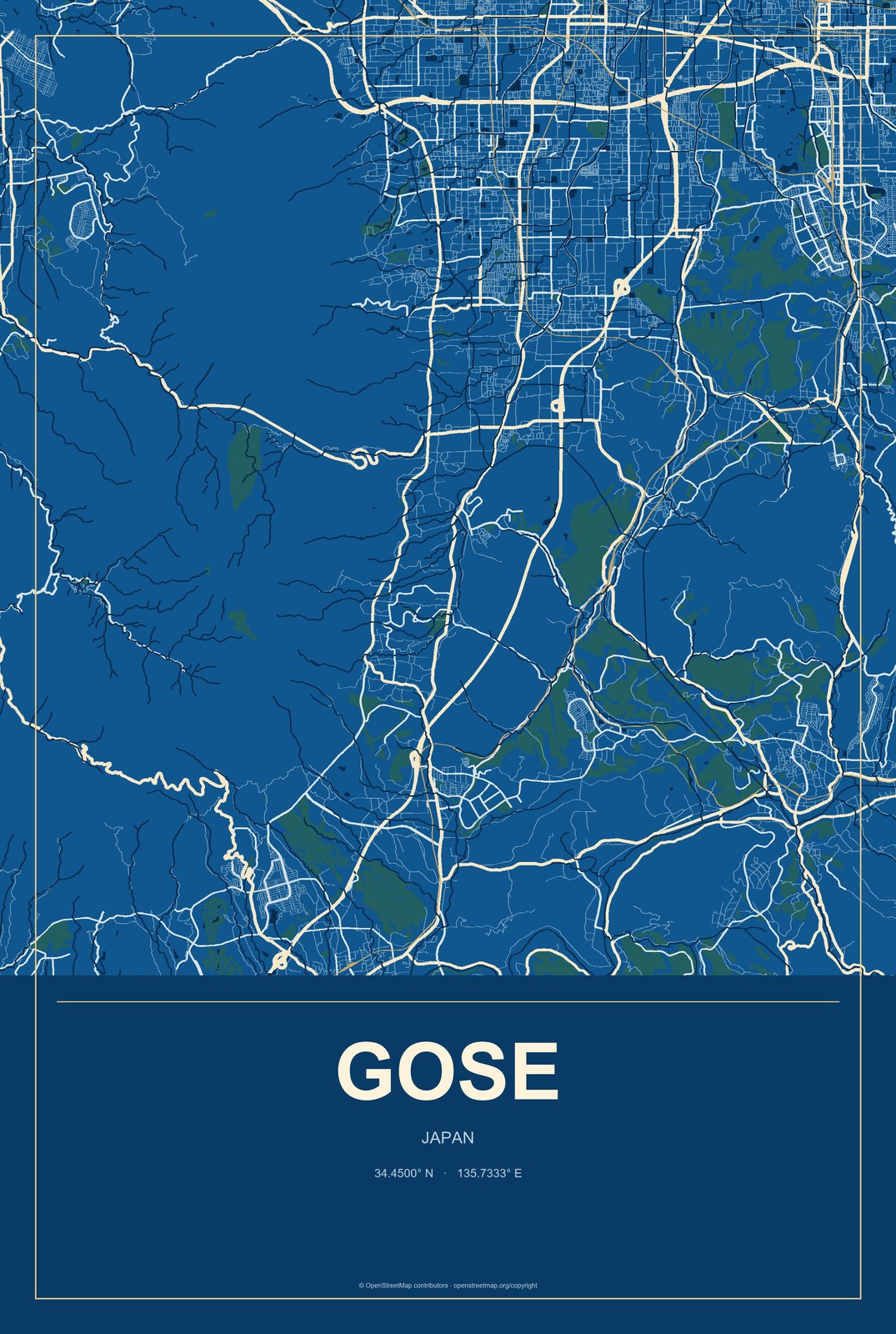 Gose, Japan City Map Aluminum Sign in Harbor Cobalt style
