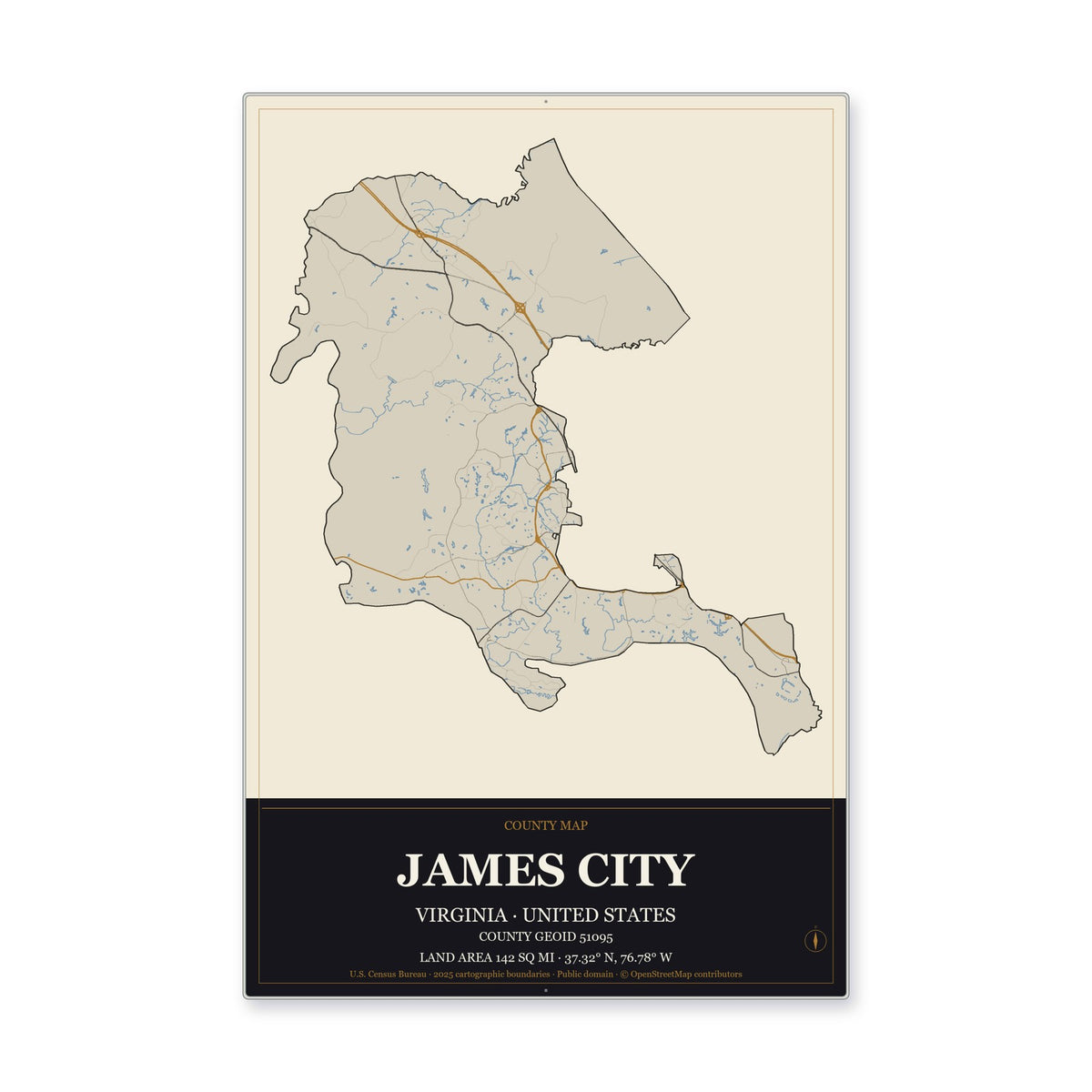 James City County, Virginia Map Aluminum Sign in Museum Plaque style