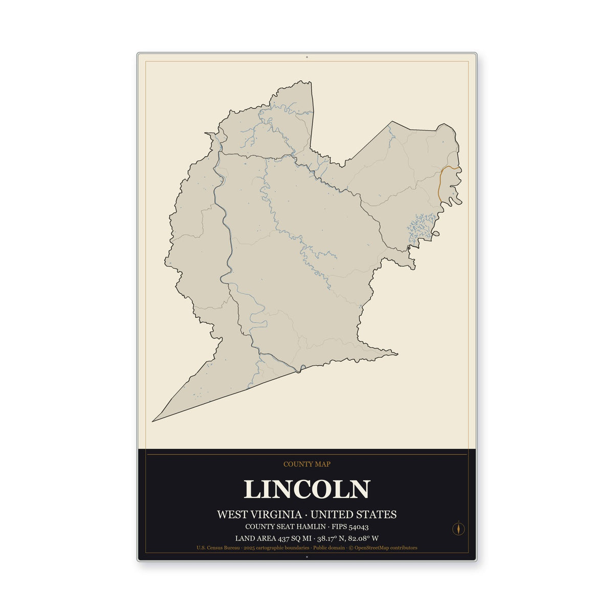 Lincoln County, West Virginia Map Aluminum Sign in Museum Plaque style