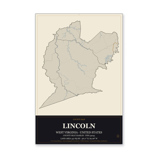 Lincoln County, West Virginia Map Aluminum Sign in Museum Plaque style