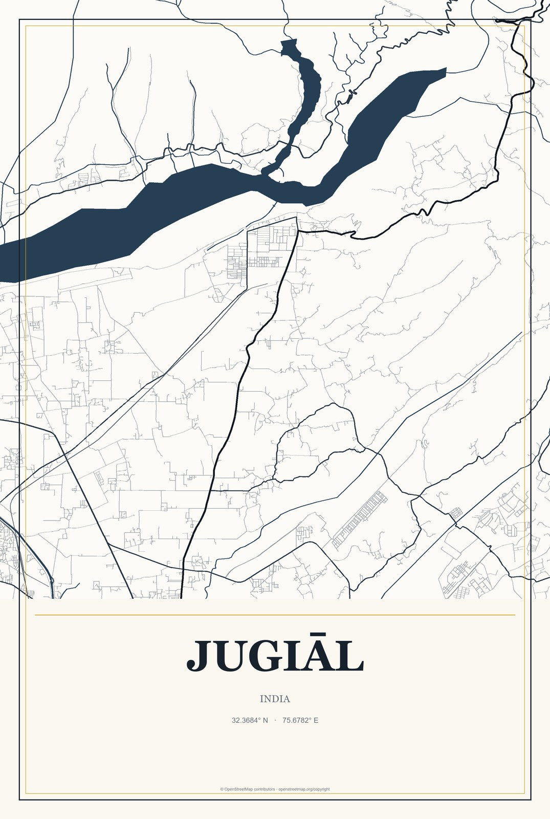Jugiāl, India City Map Aluminum Sign in Citrine Modern style