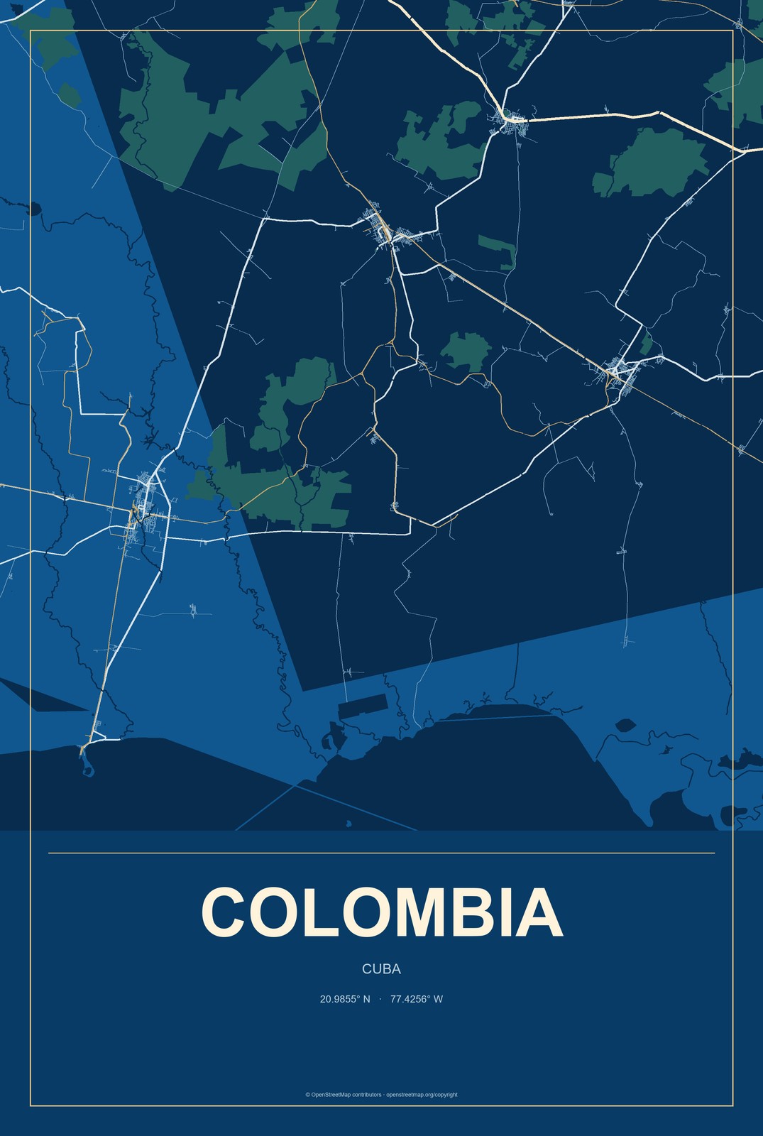 Colombia, Cuba City Map Aluminum Sign in Harbor Cobalt style