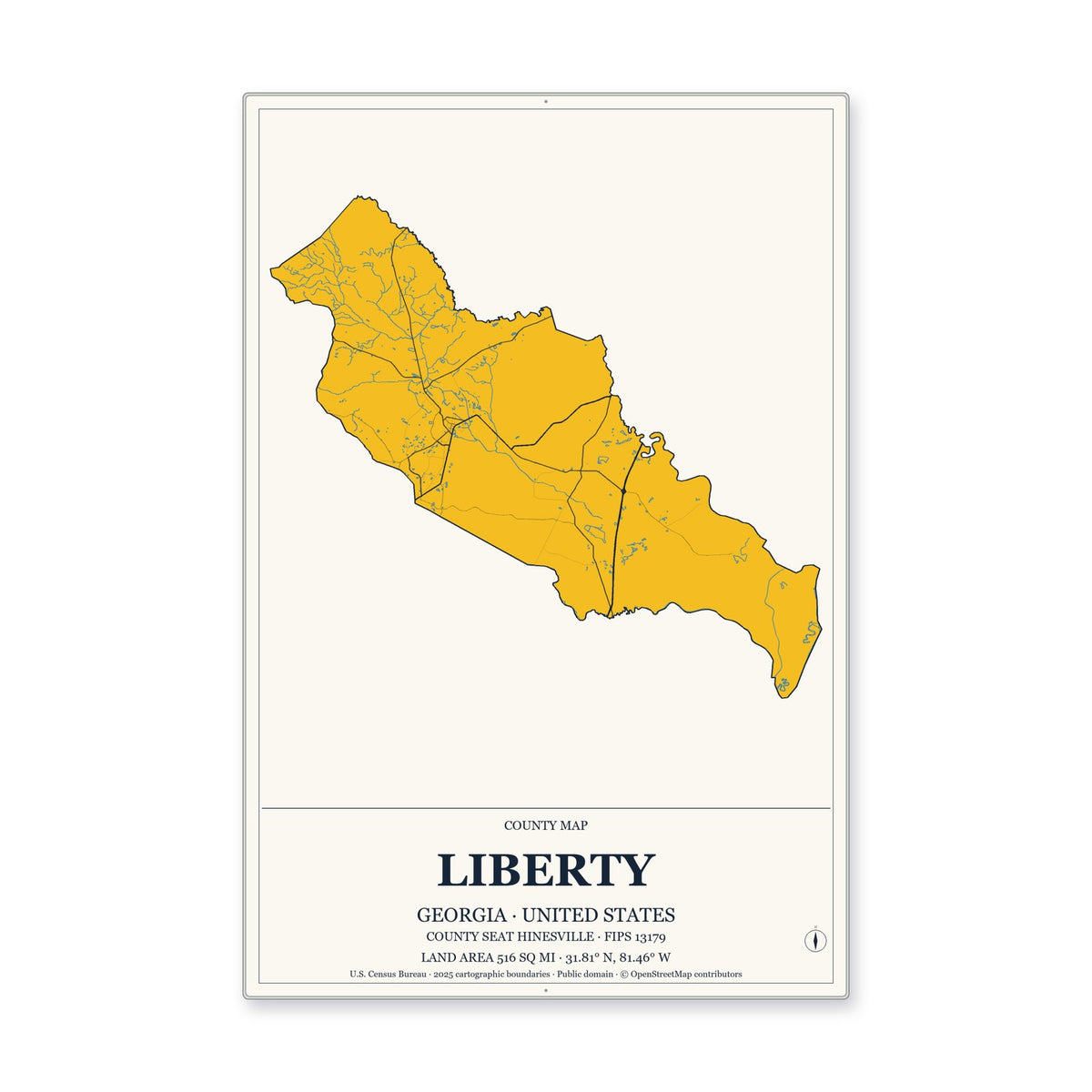 Liberty County, Georgia Map Aluminum Sign in Citrine Modern style