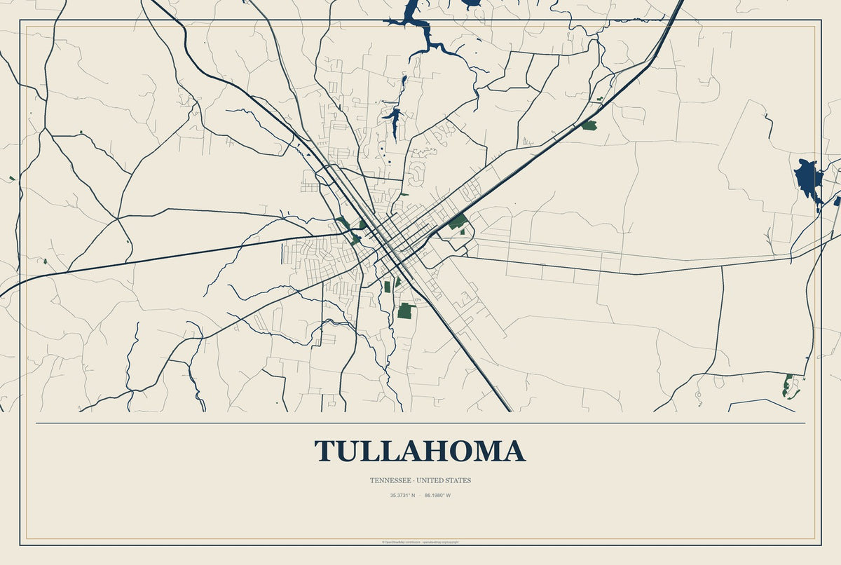 Tullahoma, Tennessee City Map Aluminum Sign in Coastal Cutout style