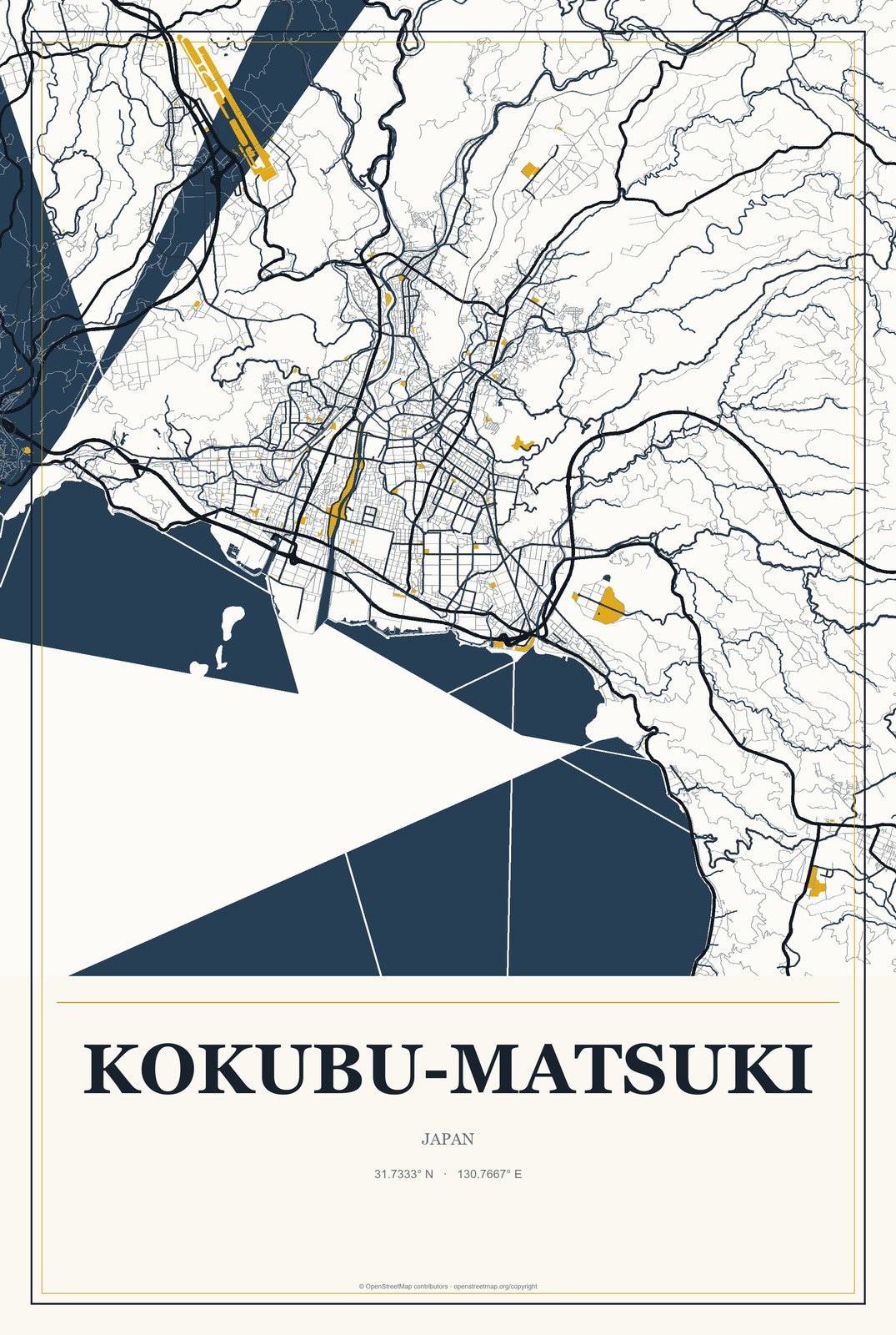 Kokubu-matsuki, Japan City Map Aluminum Sign in Citrine Modern style