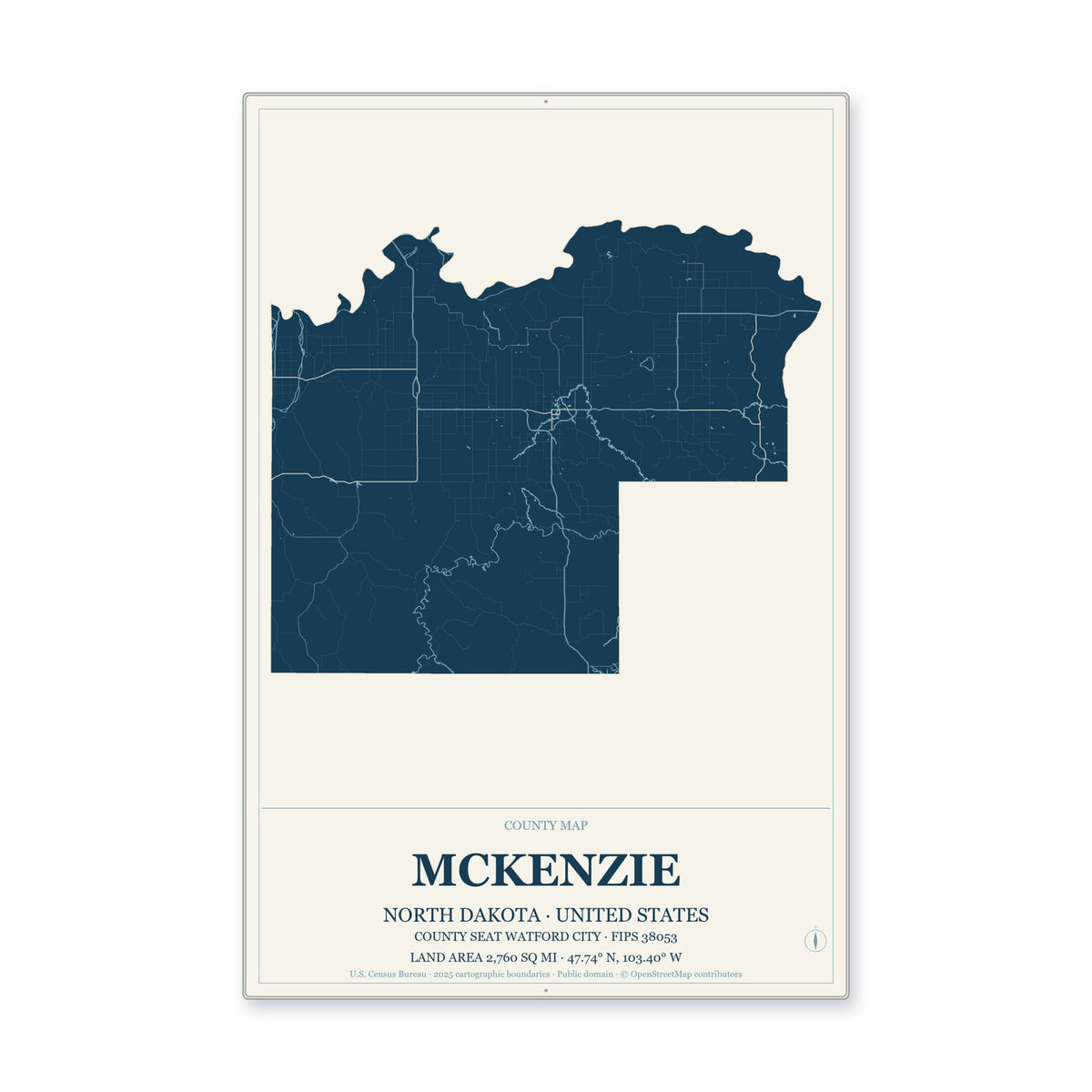 McKenzie County, North Dakota Map Aluminum Sign in Coastal Cutout style