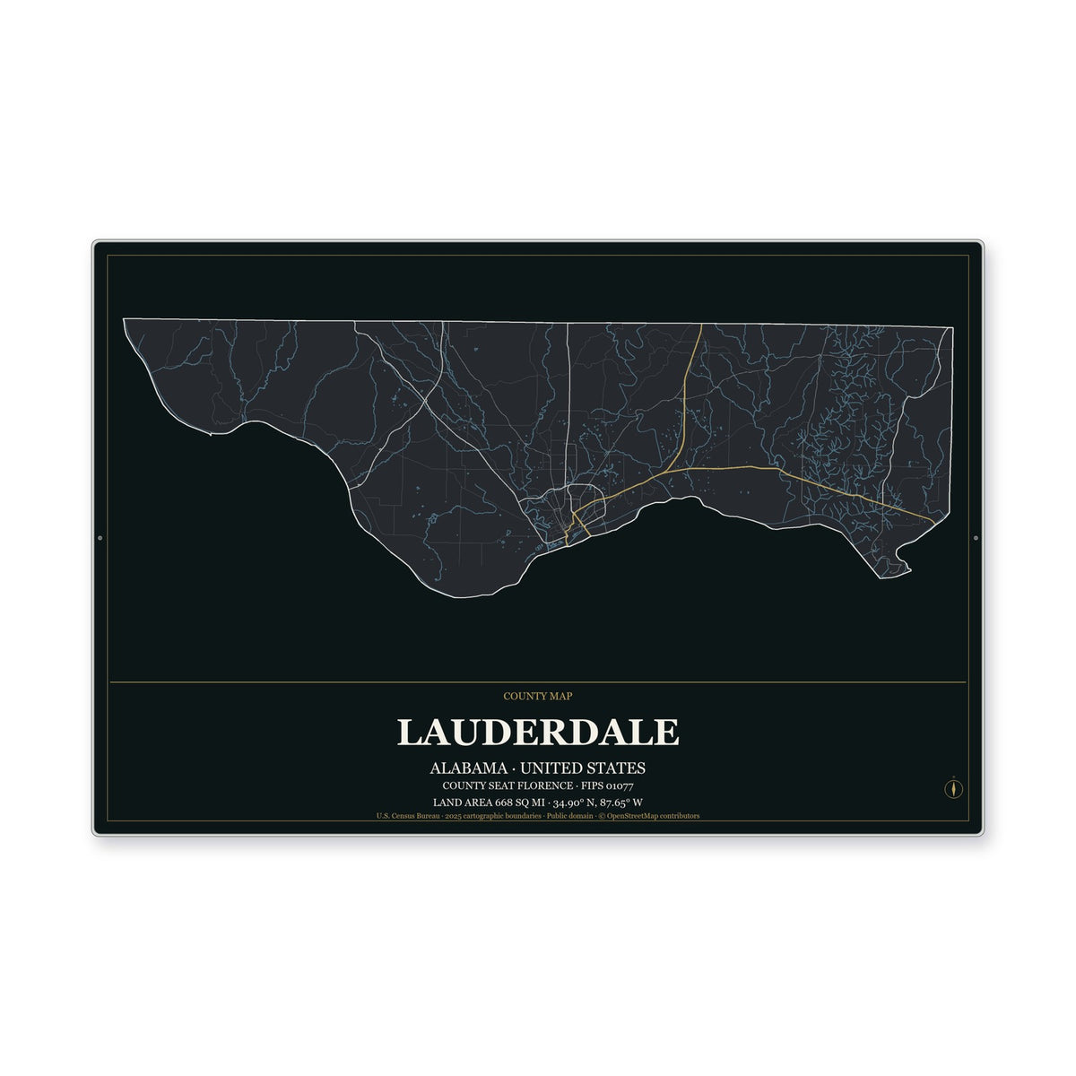 Lauderdale County, Alabama Map Aluminum Sign in Metropolitan Noir style