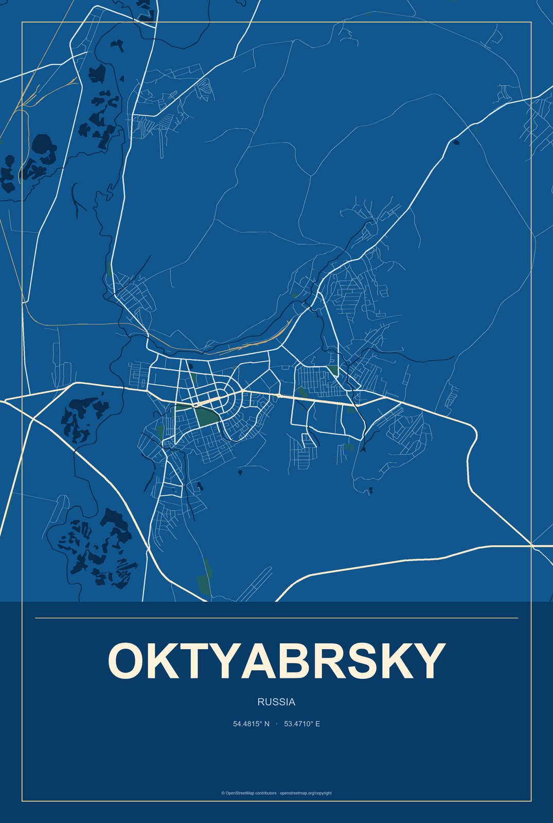 Oktyabrsky, Russia City Map Aluminum Sign in Harbor Cobalt style