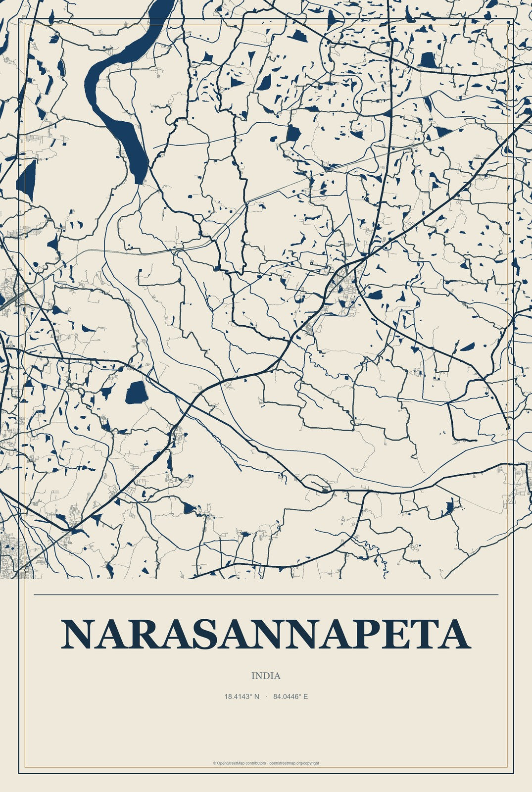 Narasannapeta, India City Map Aluminum Sign in Coastal Cutout style