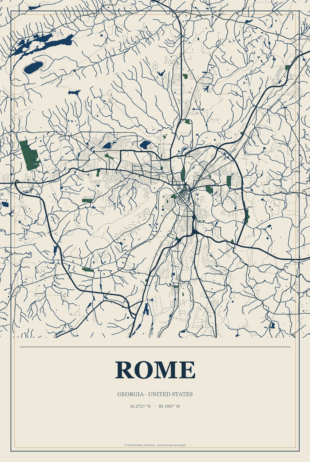 Rome, Georgia City Map Aluminum Sign in Coastal Cutout style