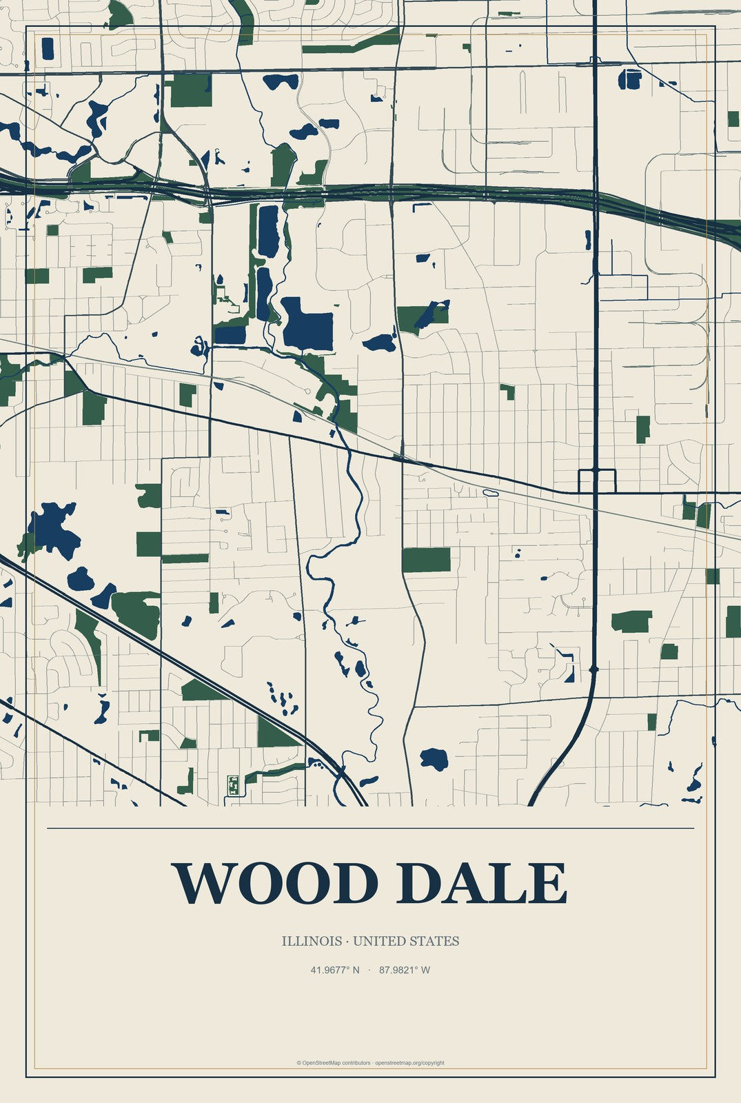 Wood Dale, Illinois City Map Aluminum Sign in Coastal Cutout style