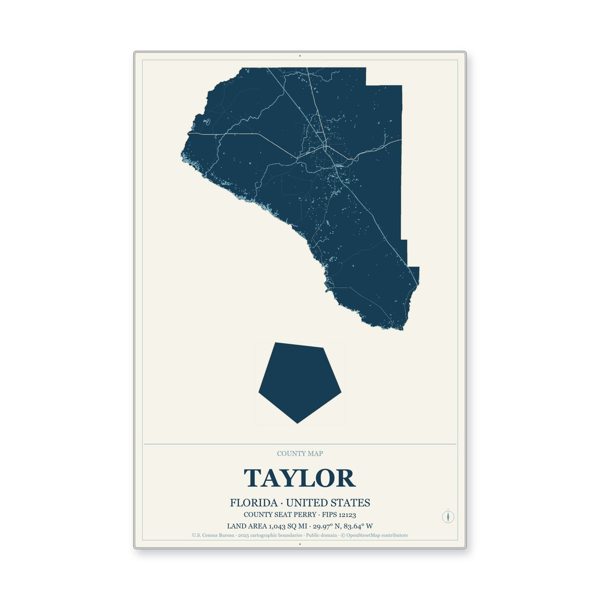 Taylor County, Florida Map Aluminum Sign in Coastal Cutout style