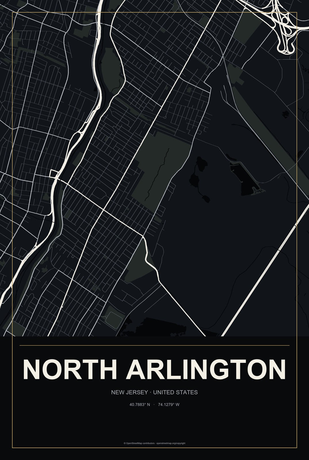 North Arlington, New Jersey City Map Aluminum Sign in Metropolitan Noir style