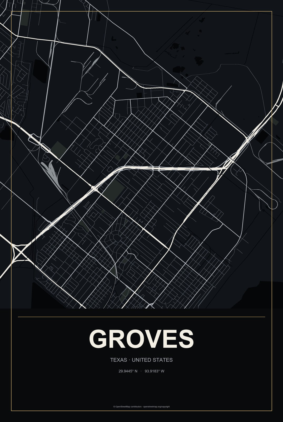 Groves, Texas City Map Aluminum Sign in Metropolitan Noir style